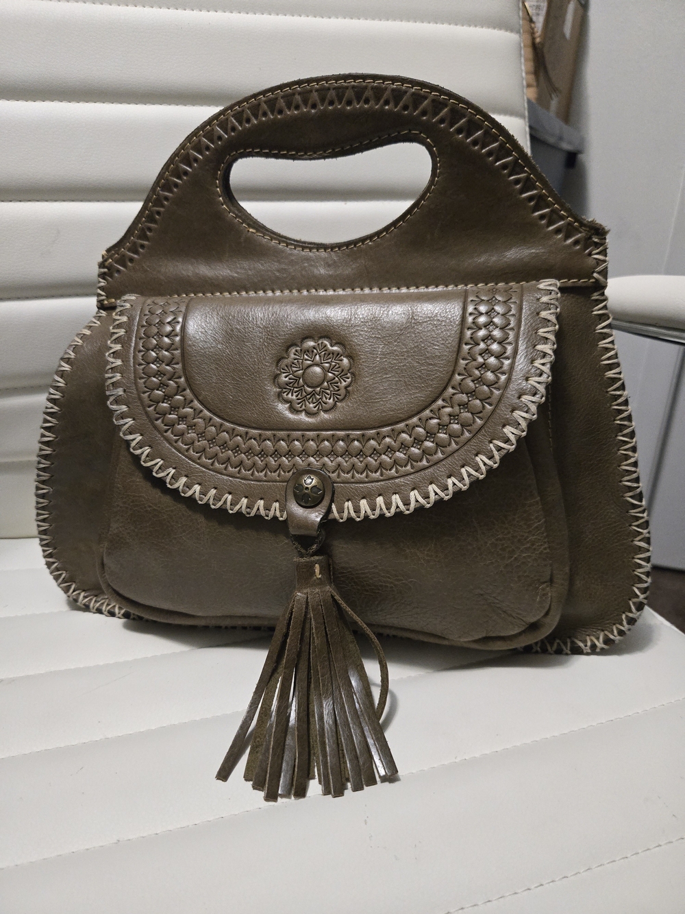 Patricia Nash Olive Brown HandโStitched Satchel with Embossed and Tassel Detail